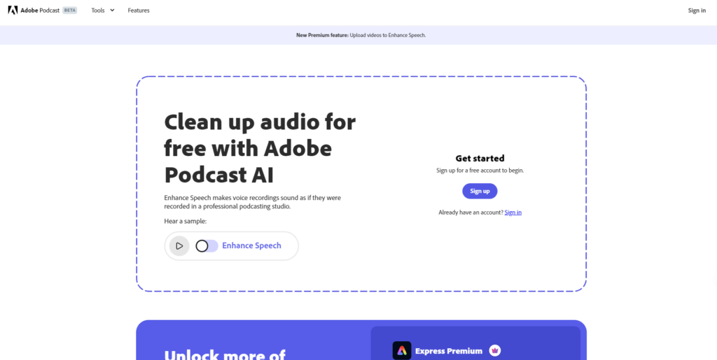 7 increíbles herramientas de IA de audio  -  Adobe Speech Enhancer -- Mejora el audio de forma gratuita con las herramientas de IA de Adobe.
