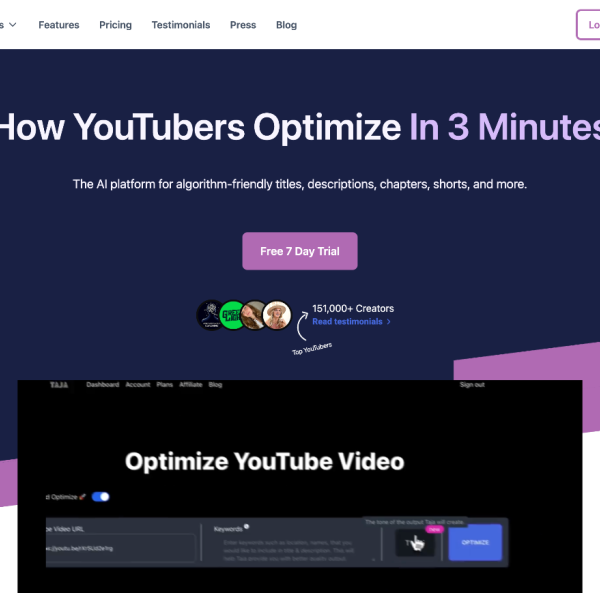 Taja AI Captura de pantalla de la página de inicio de un sitio web titulado "Cómo los YouTubers optimizan en 3 minutos", que ofrece una prueba gratuita de 7 días para Taja AI, una plataforma innovadora destinada a mejorar la creatividad de los elementos de video de YouTube para cualquier creador de contenidos.