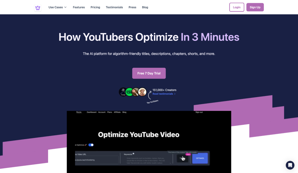 Taja AI Captura de pantalla de la página de inicio de un sitio web titulado "Cómo los YouTubers optimizan en 3 minutos", que ofrece una prueba gratuita de 7 días para Taja AI, una plataforma innovadora destinada a mejorar la creatividad de los elementos de video de YouTube para cualquier creador de contenidos.