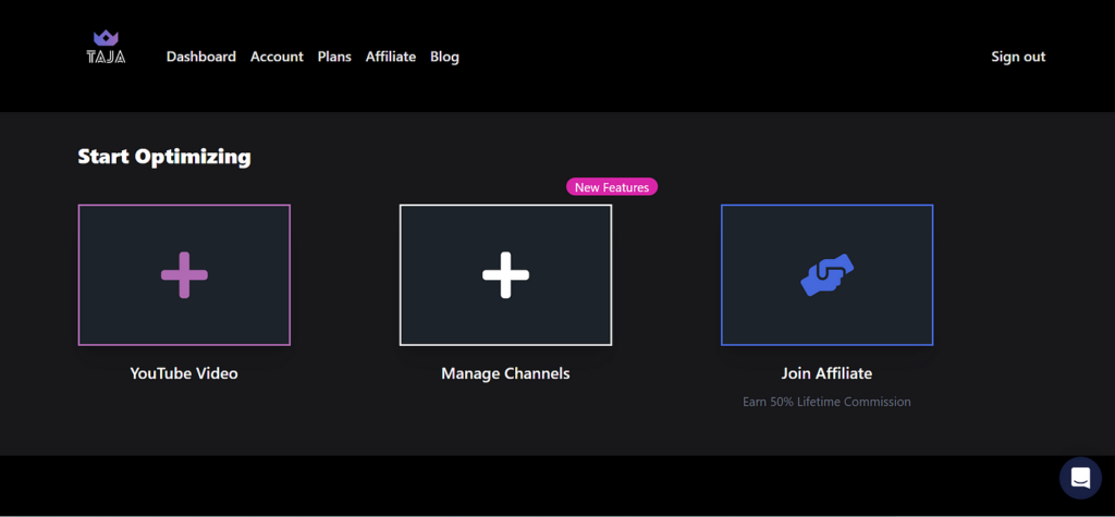 Taja AI Una página web con opciones para "Video de YouTube", "Administrar canales" y "Unirse a afiliados" en Comenzar a optimizar. "Administrar canales" está resaltado con una etiqueta de "Nuevas funciones", lo que permite a cualquier creador de contenidos mejorar la gestión de sus canales con la ayuda de Taja AI.